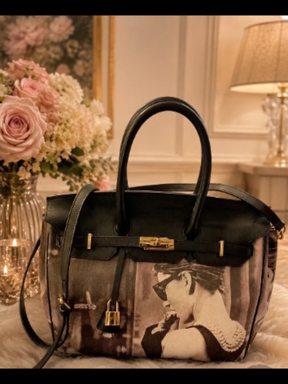 Vtg. Bagghy Leather-Trim Printed Audrey Hepburn Tote